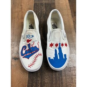 Vans Classic Slip On Custom Chicago Cubs Baseball Mom Shoes‎ White Blue Red
